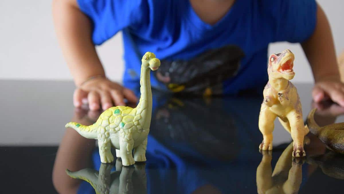 Un bambino che gioca con i dinosauri